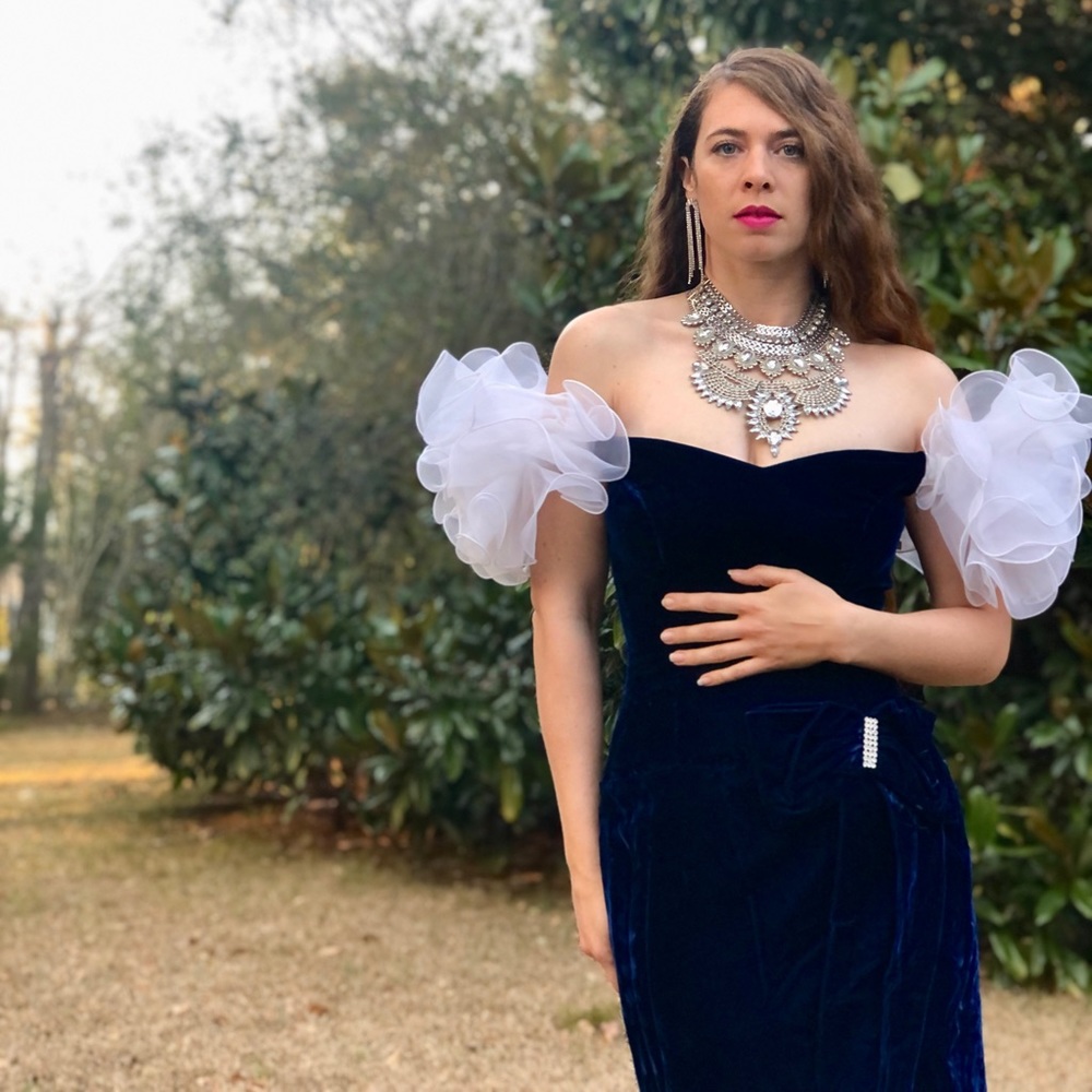 Vtg “Cloud 9” Velvet & Ruffled Cold Shoulder Dress with Rhinestones